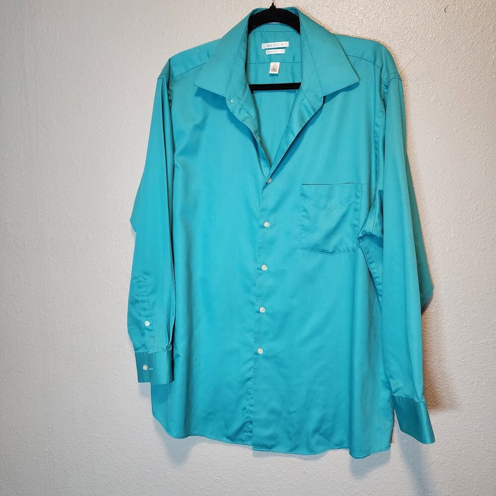 Van Heusen Mens Turquoise Teal Dress Shirt 17 32 33 Regular Fit Wrinkle Free